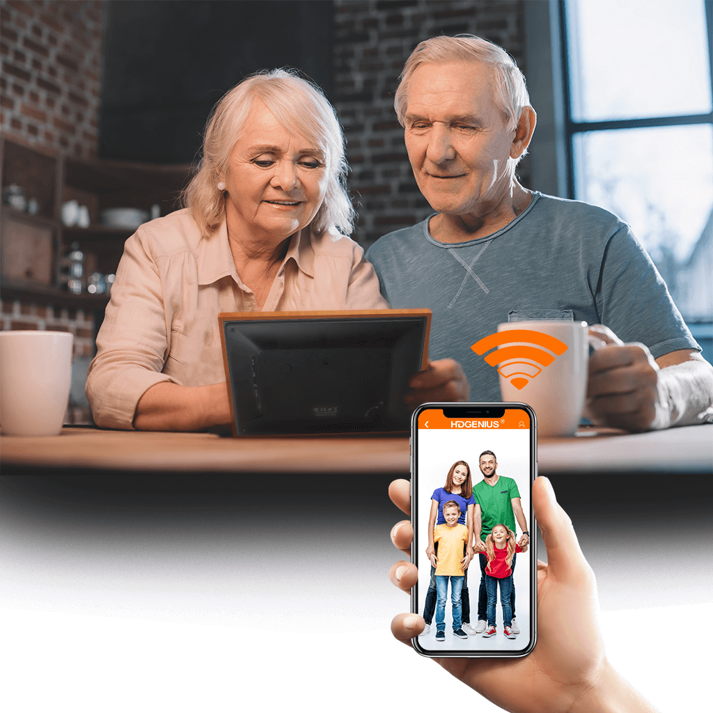 HDgenius smart wifi photo frame auto sync with photos you share to keep your parents and grandparents connects your family