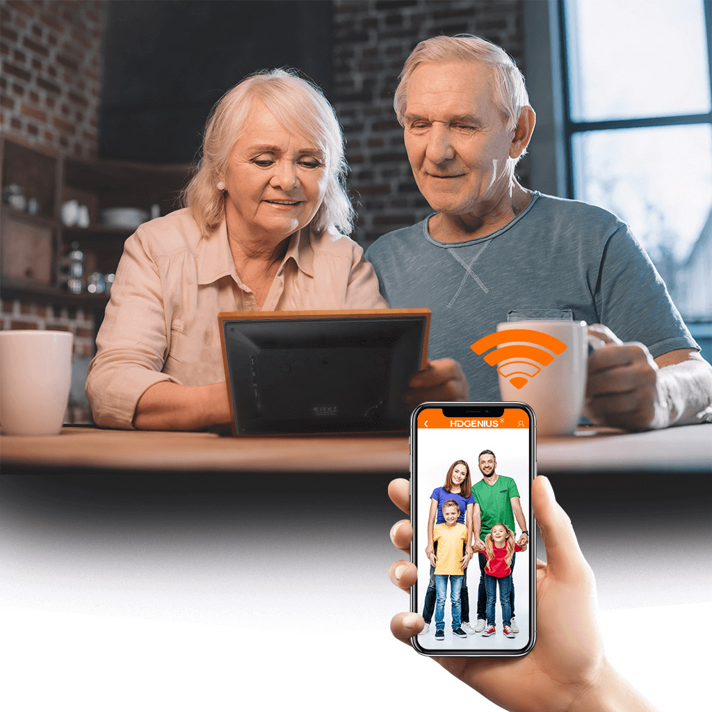 Use the smartphone to send photos to your loved one's HDGenius wifi frame